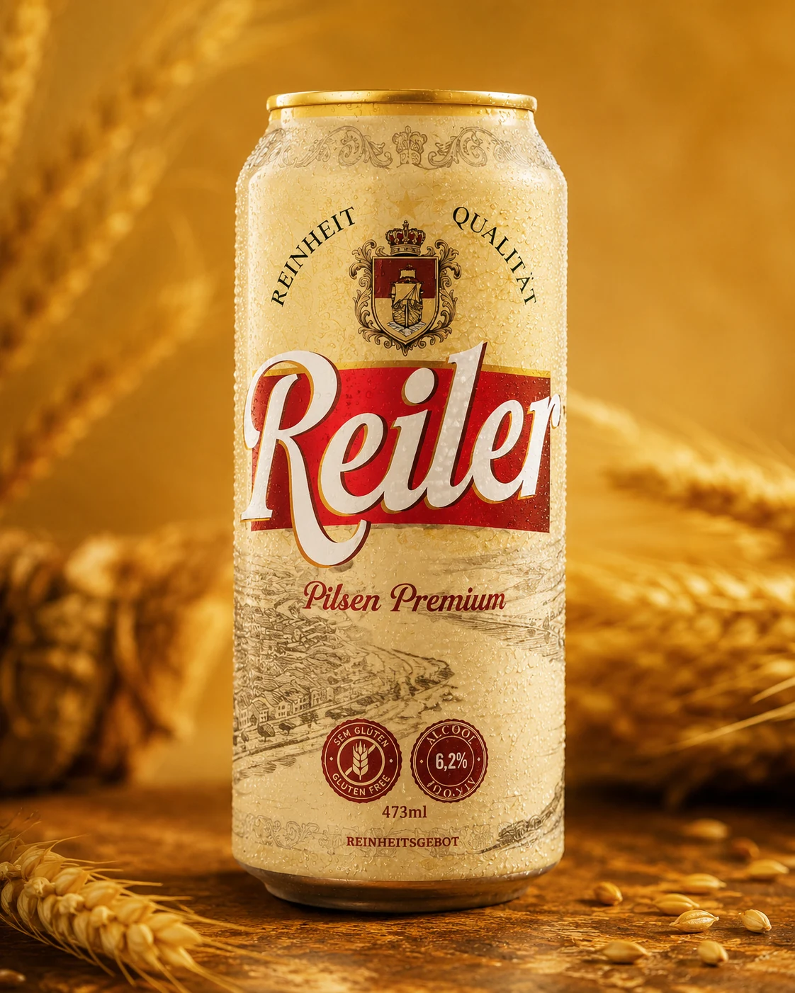 Lata Reiler Premium com grãos ao fundo
